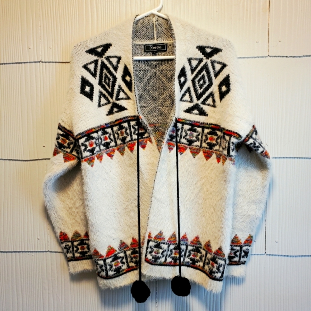 MinKas Soft Fuzzy Cardigan Medium Boho Aztec Design Pompoms Fall Winter